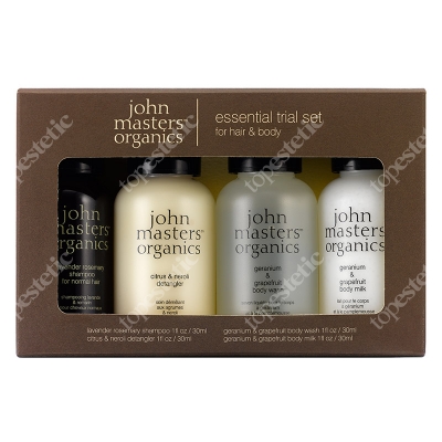 John Masters Organics Essesntial Set - For Hair & Body Zestaw podróżny szampon, odżywka, balsam, żel 30 ml, 30 ml, 30 ml, 30 ml