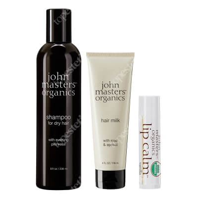 John Masters Organics Włosy Suche ZESTAW Szampon do włosów suchych z wieczornym pierwiosnkiem 236 ml + Mleczko do włosów z różą i morelą 118 ml + Balsam do ust - Wanilia 4 g