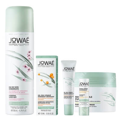 Jowae Bestseller Set ZESTAW Maska z glinką 50 ml + Witaminowy żel pod oczy 15 ml + Balsam do ust 4 g + Mgiełka 200 ml