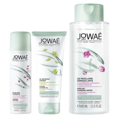 Jowae Clean Routine ZESTAW Woda micelarna do demakijażu 400 ml + Oczyszczający żel myjący 200 ml + Pielęgnująca woda nawilżająca w sprayu 200 ml