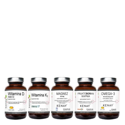 Kenay Wsparcie Kości, Serca i Układu Odpornościowego ZESTAW D3 4000 IU 60 kaps + K2 60 kaps + Fruktoboran wapnia 60 kaps + Magnez 60 kaps + Omega-3 60 kaps