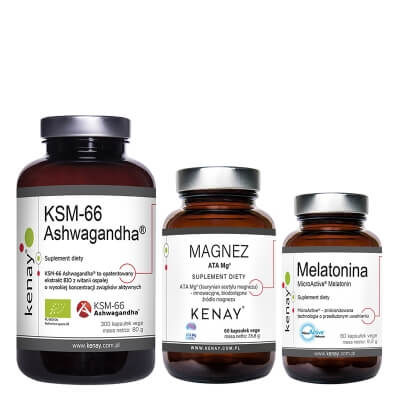 Kenay Redukcja Stresu i Dobry Sen ZESTAW Melatonina 60 kapsułek + Ashwagandha 300 kapsułek + Magnez 60 kapsułek