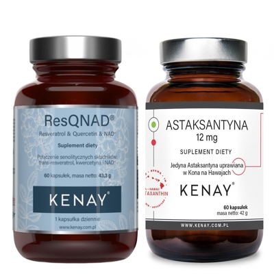 Kenay ResQNAD Resveratrol And Quercetin And NAD+ + Astaksantyna 12 mg ZESTAW Resweratrol, kwercetyna i NAD+ 60 kapsułek + Astaksantyna 60 kapsułek