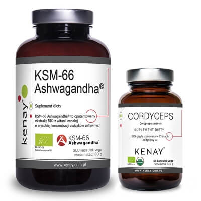 Kenay Wsparcie w Walce ze Stresem ZESTAW KSM-66 Ashwagandha 300 kaps + Cordyceps 60 kaps