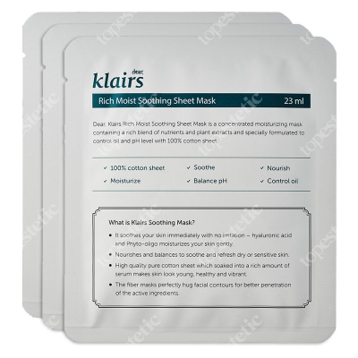 Klairs Rich Moist Soothing Mask Regenerująca, nasączona wygładzającym serum bawełniana maska 3x23 ml