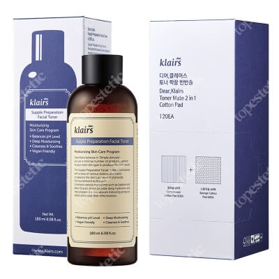 Klairs Supple Preparation Facial Toner + Cotton Pad ZESTAW Tonik to twarzy 180 ml + Dwustronne płatki kosmetyczne 120 szt.