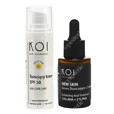 Koi Serum Złuszczające z 7 Kwasami + Hello Sun ZESTAW Kompleks 15% kwasów AHA i PHA 30 ml + Tonujący krem z filtrem SPF 50 30 ml
