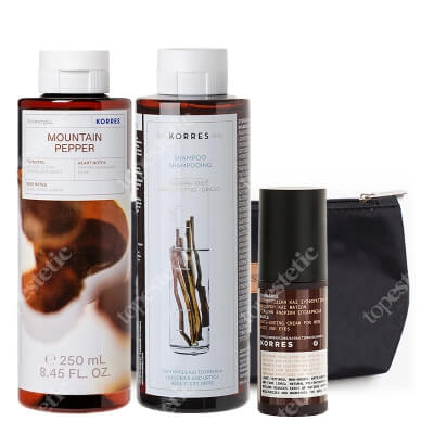 Korres Favorite Men Set ZESTAW Szampon 250 ml + Krem przeciwstarzeniowy 50 ml + Żel pod prysznic 250 ml + Kosmetyczka 1 szt