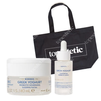 Korres Greek Yoghurt Comforting Probiotic Set ZESTAW Serum z probiotykami 30 ml + Odżywcza krem-maska z probiotykami na noc 40 ml + Bawełniana duża 1 szt