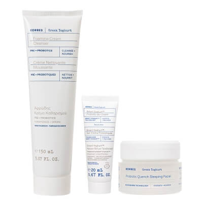 Korres Greek Yoghurt Skin Care ZESTAW Żel do mycia twarzy 150 ml + Żel-krem probiotyczny 20 ml + Odżywcza krem-maska na noc 40 ml