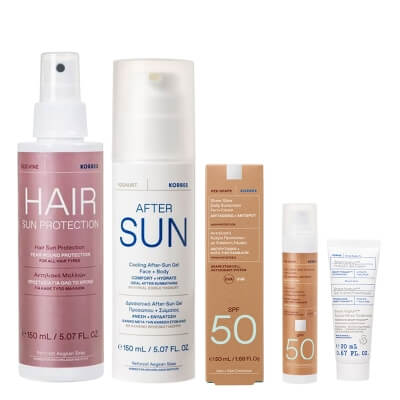 Korres Sommer Skin Set ZESTAW Rozświetlający krem SPF50 50 ml + Mgiełka ochronna do włosów 150 ml + Chłodzący żel po opalaniu 150 ml + Żel-krem 20 ml