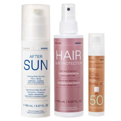 Korres Sun Protect ZESTAW Mgiełka ochronna do włosów 150 ml + Rozświetlający krem ochronny do twarzy 50 ml + Chłodzący żel po opalaniu 150 ml