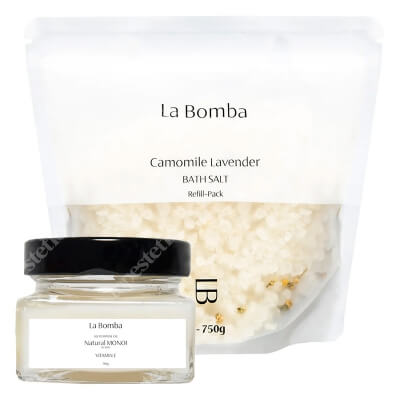 La Bomba Camomile Lavender Refill Pack + Natural Monoi Vitamine E - Travel Size ZESTAW Sól do kąpieli - uzupełnienie 750 g + Unikalny, tradycyjny olej Monoi 90 g