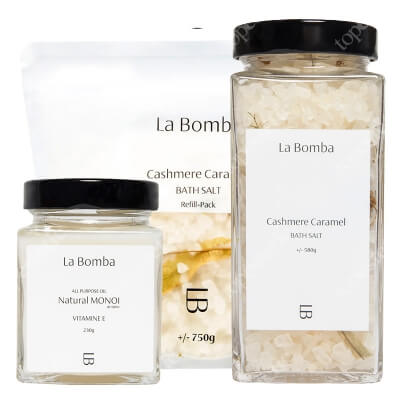 La Bomba Cashmere Caramel + Monoi ZESTAW Sól do kąpieli 580 g + Uzupełnienie 750 g + Olej Monoi 230 g