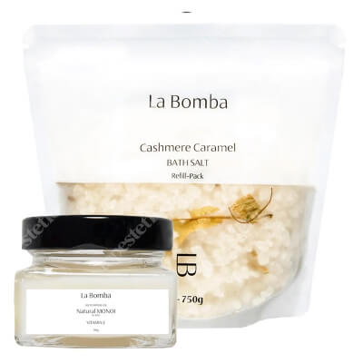 La Bomba Cashmere Caramel Refill Pack + Natural Monoi Vitamine E - Travel Size ZESTAW Sól do kąpieli - uzupełnienie 750 g + Unikalny, tradycyjny olej Monoi 90 g