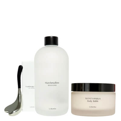 La Bomba Cryotherapy Spoon + Marshmallow + Silent Vanilla ZESTAW Łyżka do masażu twarzy 1 szt + Bezwonny płyn do kąpieli 500 ml + Odżywcze masło do ciała z ceramidami 240 g