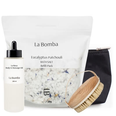 La Bomba Eucalyptus Patchouli + Body Brush + La Rosa ZESTAW Sól do kąpieli - uzupełnienie 750 g + Szczotka 1 szt. + Olejek do masażu i pielęgnacji ciała 100 ml + Kosmetyczka 1 szt