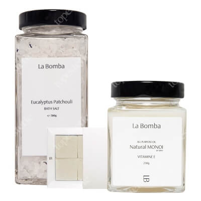 La Bomba Eucalyptus Patchouli + Body Scrub Cubes + Natural Monoi ZESTAW Sól do kąpieli 580 g + Kostki peelingujące 6 x 40 g + Olej Monoi 230 g