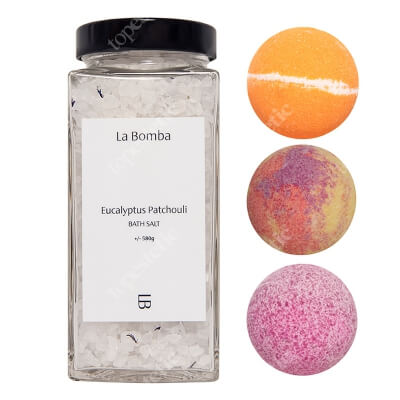 La Bomba Eucalyptus Patchouli + Energy + Basil Smash + Sour Treat ZESTAW Sól eukaliptus i paczula 580 g + Kula świeże kwiaty 1 szt. + Kula świeża bazylia 1 szt. + Kula grejpfrut 1 szt.