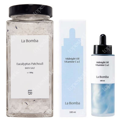 La Bomba Eucalyptus Patchouli + Midnight Oil Vitamine C E ZESTAW Sól do kąpieli z olejkami eukaliptusa i paczuli 580 g + Olejek do ciała o zapachu Neroli i Wanilii 100 ml