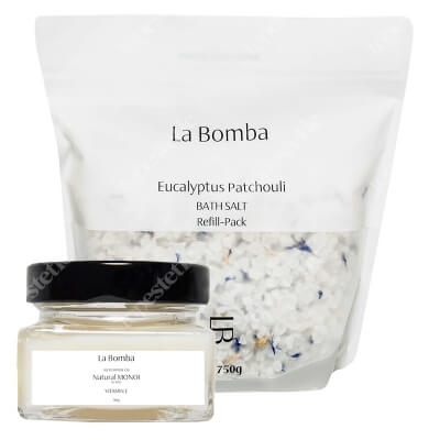 La Bomba Eucalyptus Patchouli Refill Pack + Natural Monoi Vitamine E - Travel Size ZESTAW Sól do kąpieli - uzupełnienie 750 g + Unikalny, tradycyjny olej Monoi 90 g