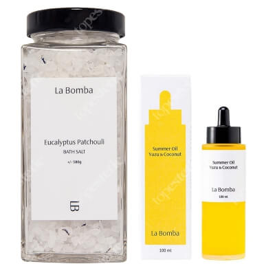 La Bomba Eucalyptus Patchouli + Summer Oil Yuzu Coconut ZESTAW Sól do kąpieli z olejkami eukaliptusa i paczuli 580 g + Olejek do ciała 100 ml