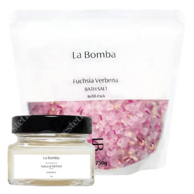 La Bomba Fuchsia Verbena Refill Pack + Natural Monoi Vitamine E - Travel Size ZESTAW Sól do kąpieli - uzupełnienie 750 g + Unikalny, tradycyjny olej Monoi 90 g