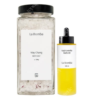 La Bomba Goji Centella Bath Oil + May Chang ZESTAW Olejek do kąpieli bezzapachowy - nawilżenie i wygładzenie 100 ml + Sól do kąpieli z olejkiem May Chang 580 g