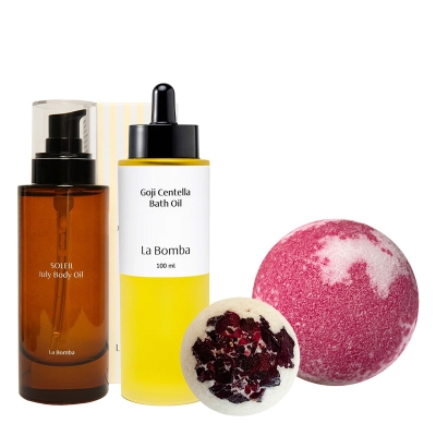 La Bomba Goji Centella + Soleil July + Cotton Candy + Cherry ZESTAW Olejek do kąpieli bezzapachowy 100 ml + Odżywczy olejek do ciała 100 ml + Kula 125 g + Creamer 50 g
