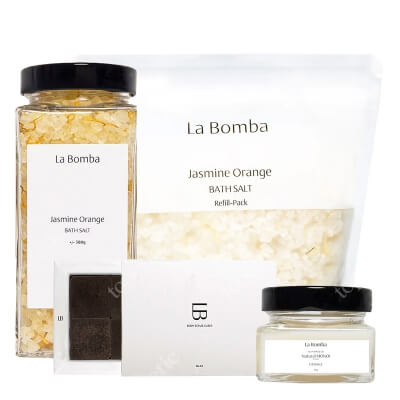 La Bomba Jasmine Orange + Body Scrub Cubes + Monoi Travel ZESTAW Sól do kąpieli 580 g + Uzupełnienie 750 g + Kostki peelingujące 6 x 40 g + Olej Monoi 90 g