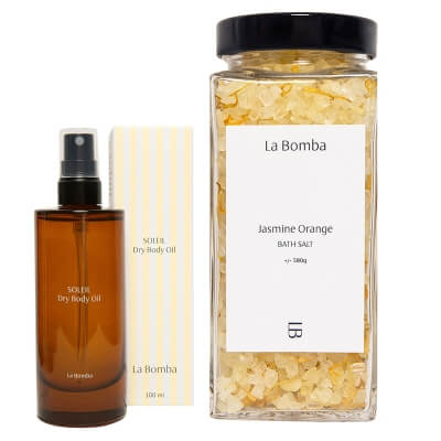 La Bomba Jasmine Orange + Soleil Dry Body Oil ZESTAW Sól do kąpieli 580 g + Suchy olejek do ciała 100 ml