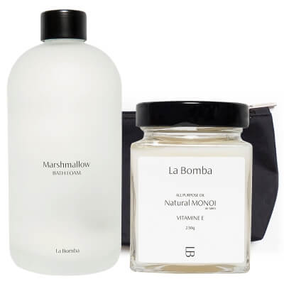 La Bomba Marshmallow Bath Foam + Natural Monoi Vitamine E ZESTAW Bezwonny płyn do kąpieli 500 ml + Olej Monoi 230 g + Kosmetyczka 1 szt
