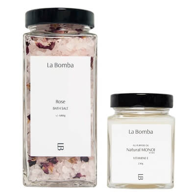 La Bomba Natural Monoi Vitamine E + Rose ZESTAW Olej Monoi 230 g + Sól do kąpieli 580 g