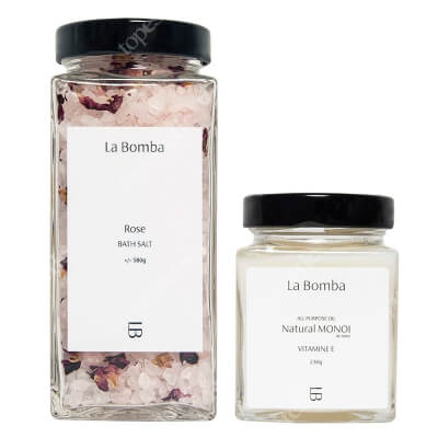 La Bomba Natural Monoi Vitamine E + Rose ZESTAW Unikalny, tradycyjny olej Monoi 230 g + Sól do kąpieli z płatkami róży 580 g