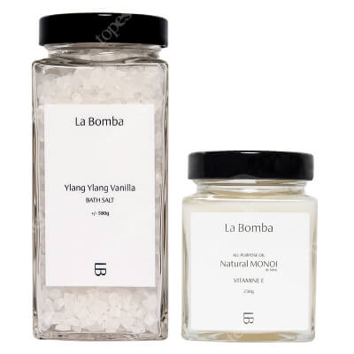 La Bomba Natural Monoi Vitamine E + Ylang-Ylang Vanilla ZESTAW Unikalny, tradycyjny olej Monoi 230 g + Sól do kąpieli z olejkiem Ylang-Ylang o zapachu wanilii 580 g