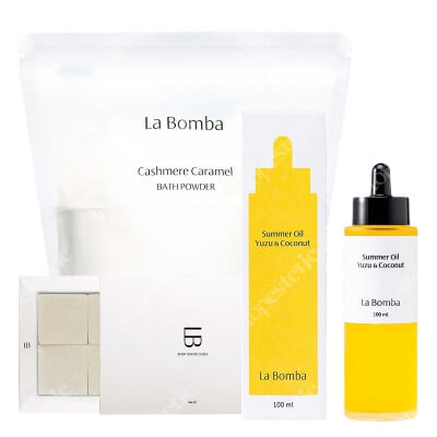 La Bomba Puder Cashmere Caramel + Body Scrub Cubes No. 02 + Summer Oil ZESTAW Puder do kąpieli 700 g + Kostki peelingujące 6 x 40 g + Olejek do ciała 100