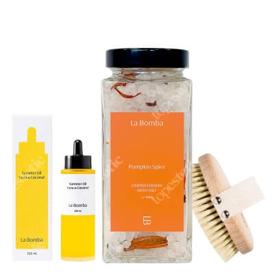La Bomba Pumpkin Spice + Body Brush + Summer Oil ZESTAW Sól do kąpieli 680 g + Szczotka do masażu ciała 1 szt. + Olejek do ciała 100 ml