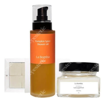 La Bomba Pumpkin Spice + Body Scrub Cubes + Monoi Travel ZESTAW Olejek pod prysznic 100 ml + Kostki peelingujące 6 x 40 g + Olej Monoi 90 g