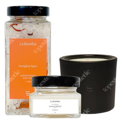 La Bomba Pumpkin Spice + Natural Monoi - Travel Size ZESTAW Świeca 230 g + Sól do kąpieli 680 g + Olej Monoi 90 g