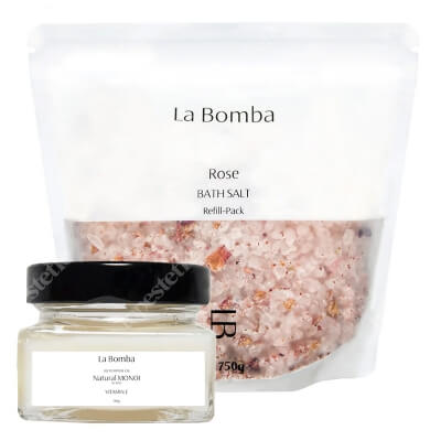 La Bomba Rose Refill Pack + Natural Monoi Vitamine E - Travel Size ZESTAW Sól do kąpieli - uzupełnienie 750 g + Unikalny, tradycyjny olej Monoi 90 g