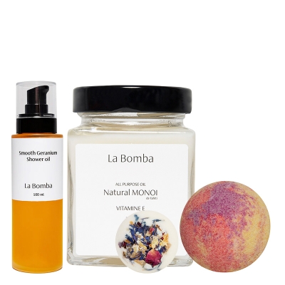 La Bomba Smooth Geranium + Natural Monoi + Energy + Amalfi ZESTAW Olejek pod prysznic 100 ml + Olej Monoi 230 g + Kula 125 g + Creamer 50 g