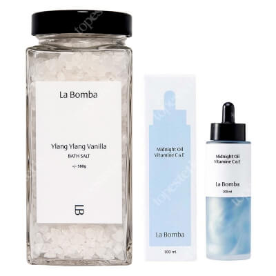 La Bomba Ylang-Ylang Vanilla + Midnight Oil Vitamine C E ZESTAW Sól do kąpieli z olejkiem Ylang-Ylang o zapachu wanilii 580 g + Olejek do ciała o zapachu Neroli i Wanilii 100 ml