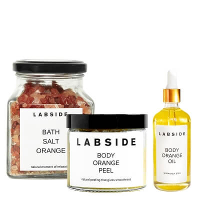 Labside Bath Orange Set ZESTAW Sól pomarańcza z nutą wanilii 320 ml + Wygładzający peeling do ciała 250 ml + Olejek o zapachu pomarańczy 120 ml