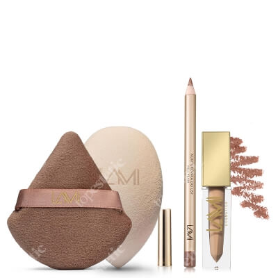 Lami Cosmetics Caramel Delight Set ZESTAW Puszek do pudru 1 szt + Gąbka do makijażu 1 szt. + Konturówka 1,4 g + Pomadka 5 g