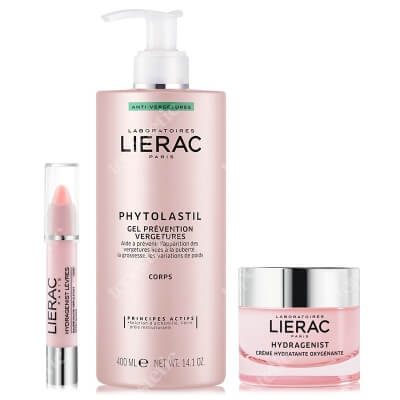 Lierac Body Face And Lips ZESTAW Żel przeciw rozstępom 400 ml + Krem nawilżająco dotleniający 50 ml + Odżywczo wypełniający balsam do ust - Różowy 3 g