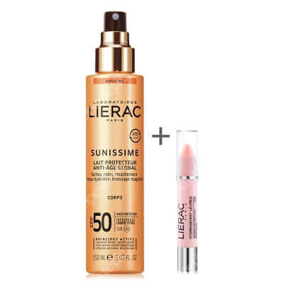 Lierac Sunissime Body SPF 50+ + Hydragenist Lips Pink ZESTAW Mleczko ochronne na ciało 150 ml + Odżywczo wypełniający balsam do ust - Różowy 3 g