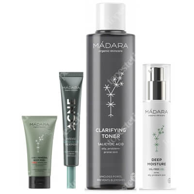 Madara Acne Control Set + Mini peeling do ciała GRATIS ZESTAW Tonik oczyszczający 200 ml + Kuracja punktowa 20 ml + Żel głęboko nawilżający 50 ml + Peeling do ciała 20 ml