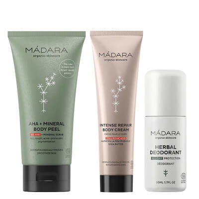 Madara AHA + Mineral Body Peel + Intense Repair Body Cream + Herbal Deodorant ZESTAW Peeling do ciała 175 ml + Krem do ciała 150 ml + Ziołowy dezodorant 50 ml