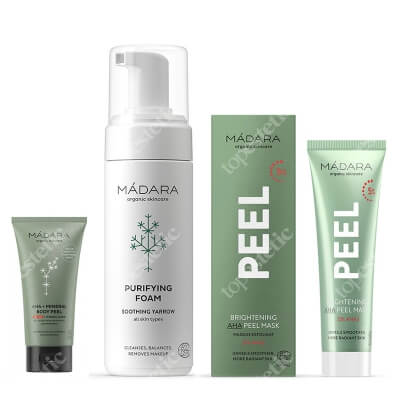 Madara AHA Peel Mask + Purifying Foam + Mini peeling do ciała GRATIS ZESTAW Rozjaśniająco peelingująca maseczka 60 ml + Pianka oczyszczająca 150 ml + Peeling do ciała 20 ml