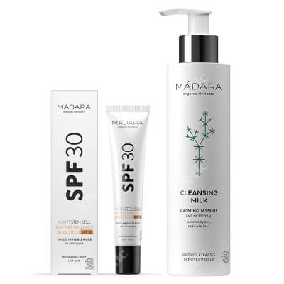 Madara Cleansing Milk + Age Defying Face Sunscreen SPF 30 ZESTAW Mleczko delikatnie myjące 200 ml + Krem z filtrem 40 ml